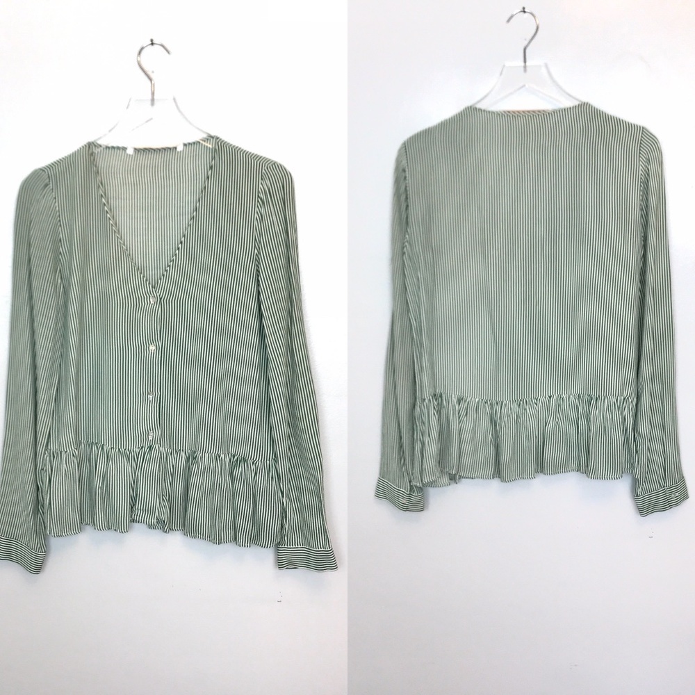 Zara Trafaluc Green/White V-Neck Peplum Blouse M
